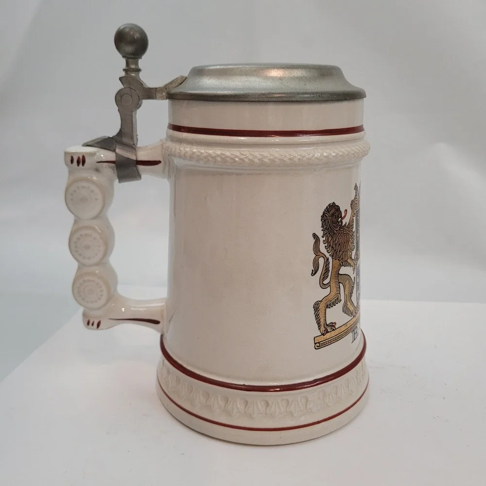 Gerz Beer Stein Bayern Bavaria Coat of Arms Lions Pewter Lid West Germany 6in